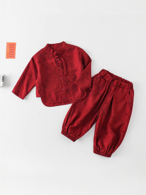 春秋夏季薄款男童中式套装衣服男宝宝红色喜庆抓周服中国风两件套|undefined