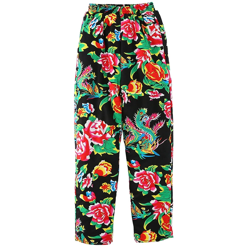 Фиолетовая Ни Ни Floral Демисезонные тёплые брюки, свободный прямой крой, высокий пояс, шёлк-хлопок, цветной принт