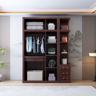 Customized Solid Wood Wardrobe, Large Wooden Closet for Bedroom, Home Use, Three, Four, or Five-Door Storage Cabinet, Black Gold, Cross-Border