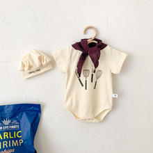 韩国童装婴儿夏装厨师造型包屁哈衣新生儿长袖三角连体爬服送帽子