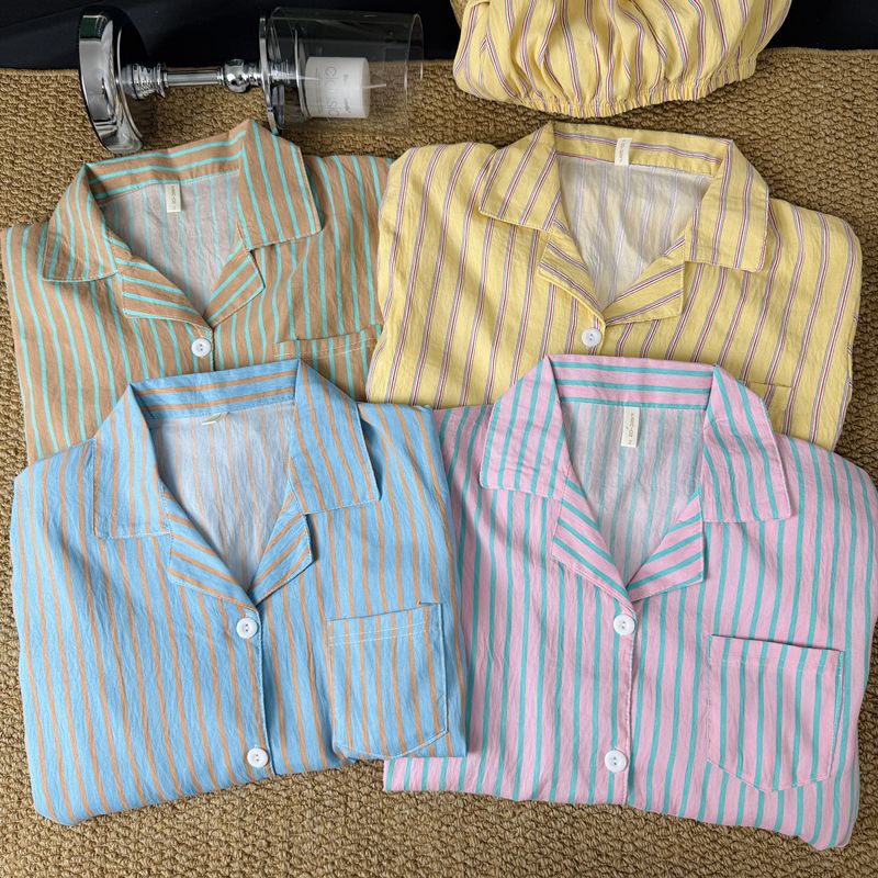 Coreano simple contraste rayas pijamas mujeres 2026 nuevo verano relajado pantalones largos de manga larga ropa para el hogar dos piezas