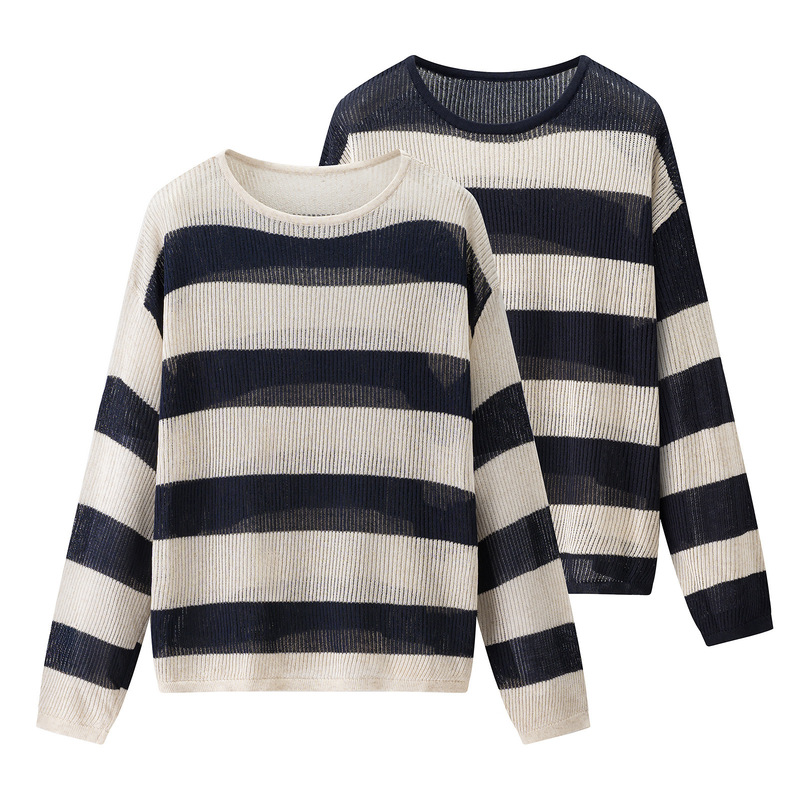 00Hm-2926 Round Neck Stripesd Long-Sleeved T-Shirt Knitwear 2025 Autum New Casual Lazy Style Pullover Top