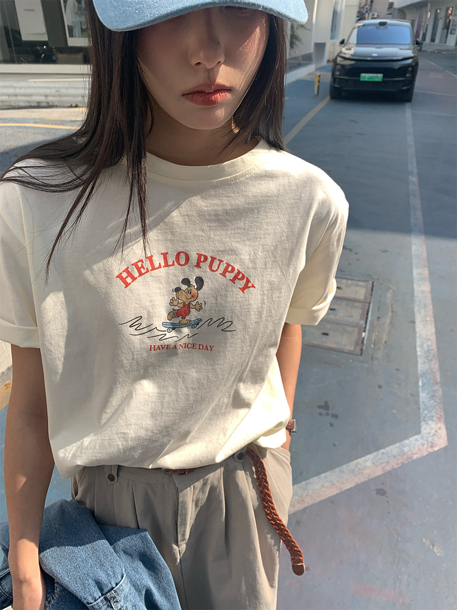 黄 _ シンプル韓系犬プリント半袖tシャツ女性2025春夏カジュアル丸襟上着h 1 da510181