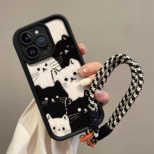 Screen-Filling Black and White Cartoon Cat Phone Case for Xiaomi 15 Pro, Redmi K80 Lanyard, NOTE 13 Stereo Relief