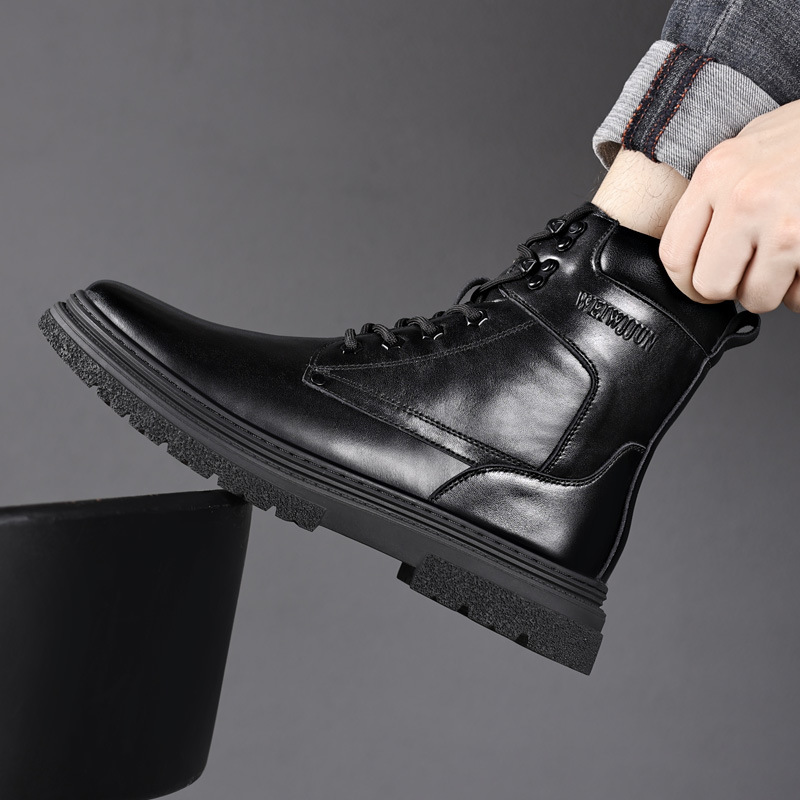 Capa de piel de vaca de invierno para hombres zapatos de algodón de lana de cuero al aire libre botas militares cálidas para hombres botas de cuero de terciopelo botas Martin para hombres