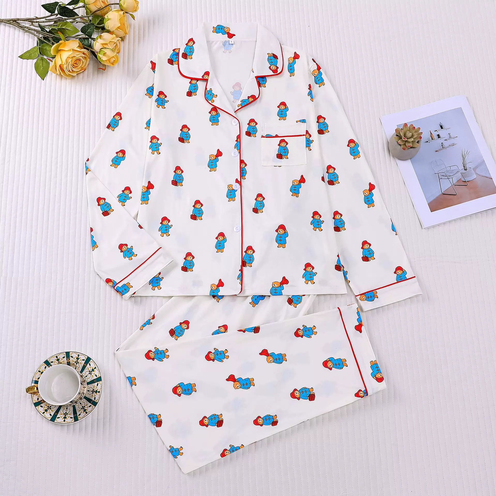 跨境外贸新款女士睡衣印花翻领长袖长裤欧美家居服women pajama