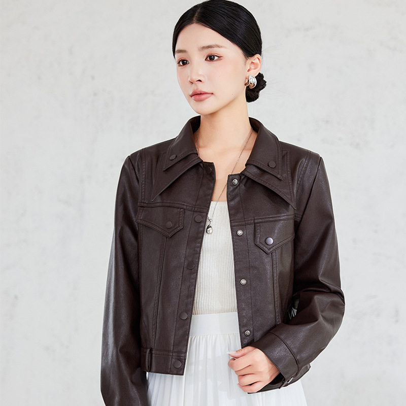 Áo khoác da nữ dáng ngắn phong cách biker, tay dài cổ lật, chất liệu PU — Trang chủ, đen chi tiết 13