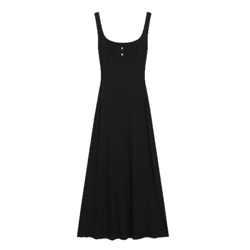Ins sexy pure desire square neck buttonless sleeveless camisole dress post-shaping mother dress waist-cinched long A-line dress for women trendy