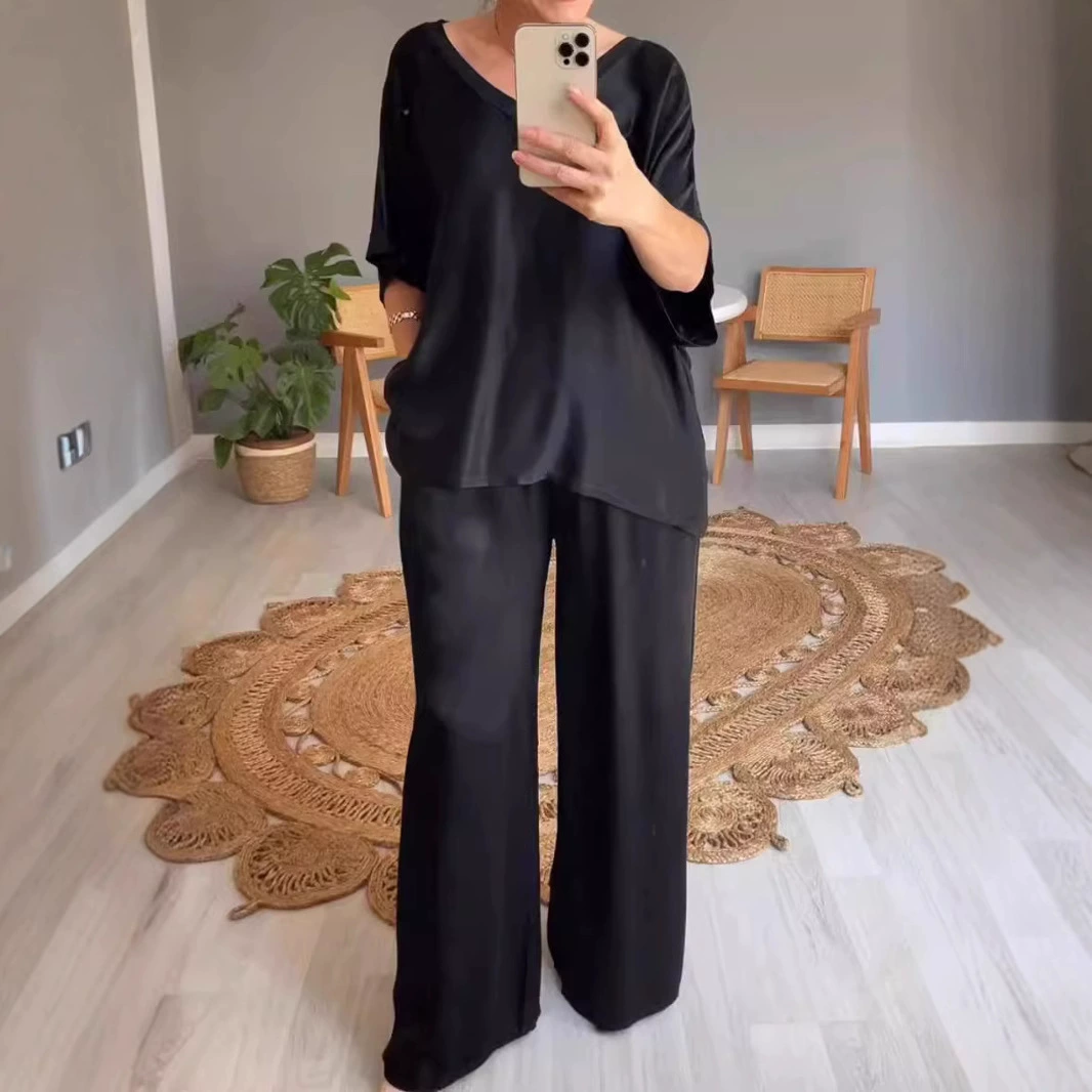 2025 Европейский и американский трансграничный летний женский модный однотонный атласный мерсеризованный повседневный костюм с v-образным вырезом на Amazon