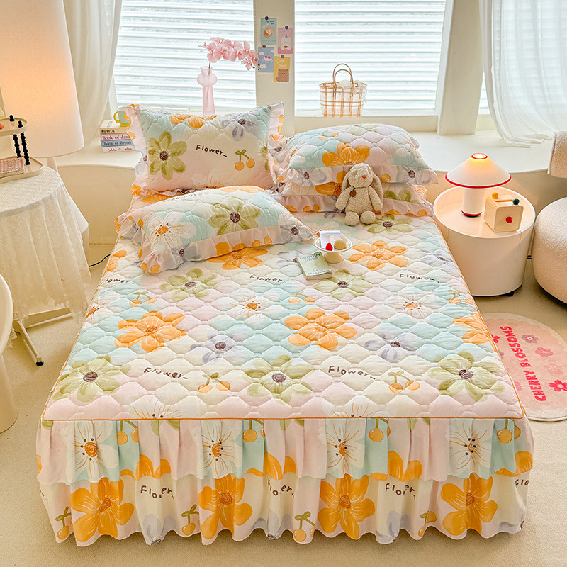 Transfronterizos encaje vestido de cama de estilo coreano encaje de algodón grueso cama de filamento molienda cama de acolchón polvo cubierta de cama al por mayor