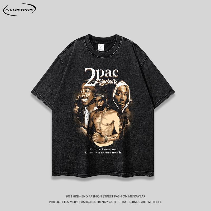 American street hip hop Tupac portrait print distressed short-sleeved T-shirt men's and women's retro loose top tee cross-border