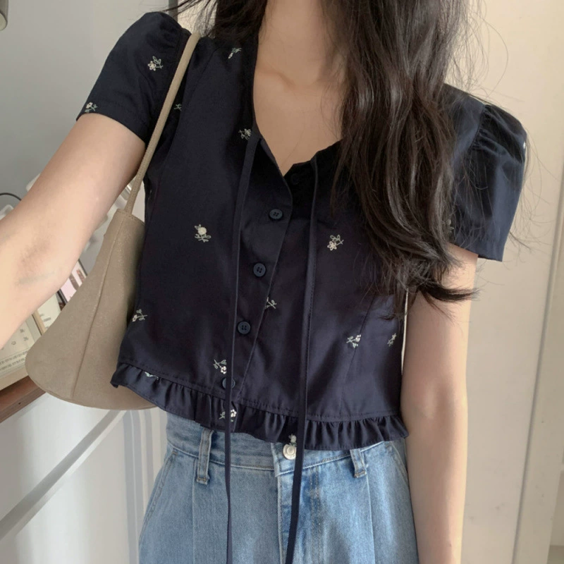 Корейская шикарная летняя ретро нишевая рубашка с круглым вырезом на шнуровке и вышивкой цветов, универсальная женская рубашка с короткими рукавами