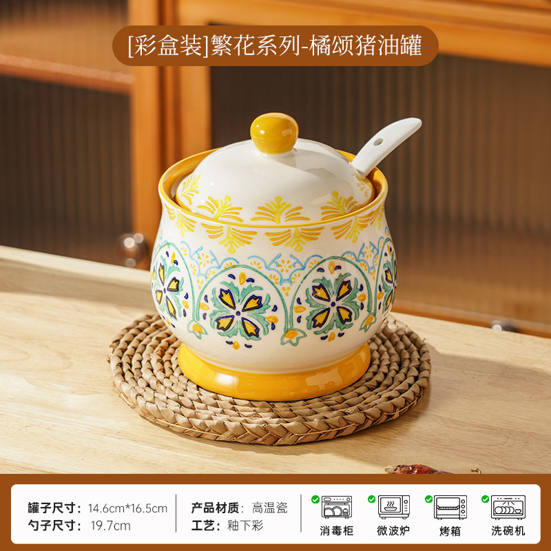 Porcelana pintada a mano esmaltada de color cerámico con sabor, grasa doméstica, grasa de cerdo con cuchara de cubierta, grasa de cerdo resistente a altas temperaturas