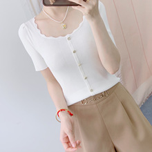 【专柜同步在售】2025夏季百搭花边领修身短袖针织衫664