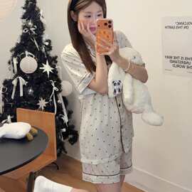 夏季冰雪丝星星睡衣女 翻领开衫短袖短裤宽松家居服套装