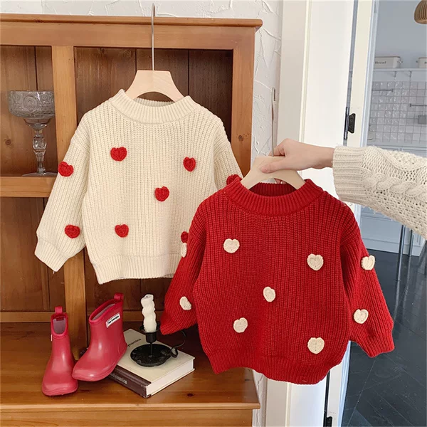 2026 Spring and Autumn New Style Girls' Baby Fashionable Heart Sweater Casual Knitted Children's Knitwear Top