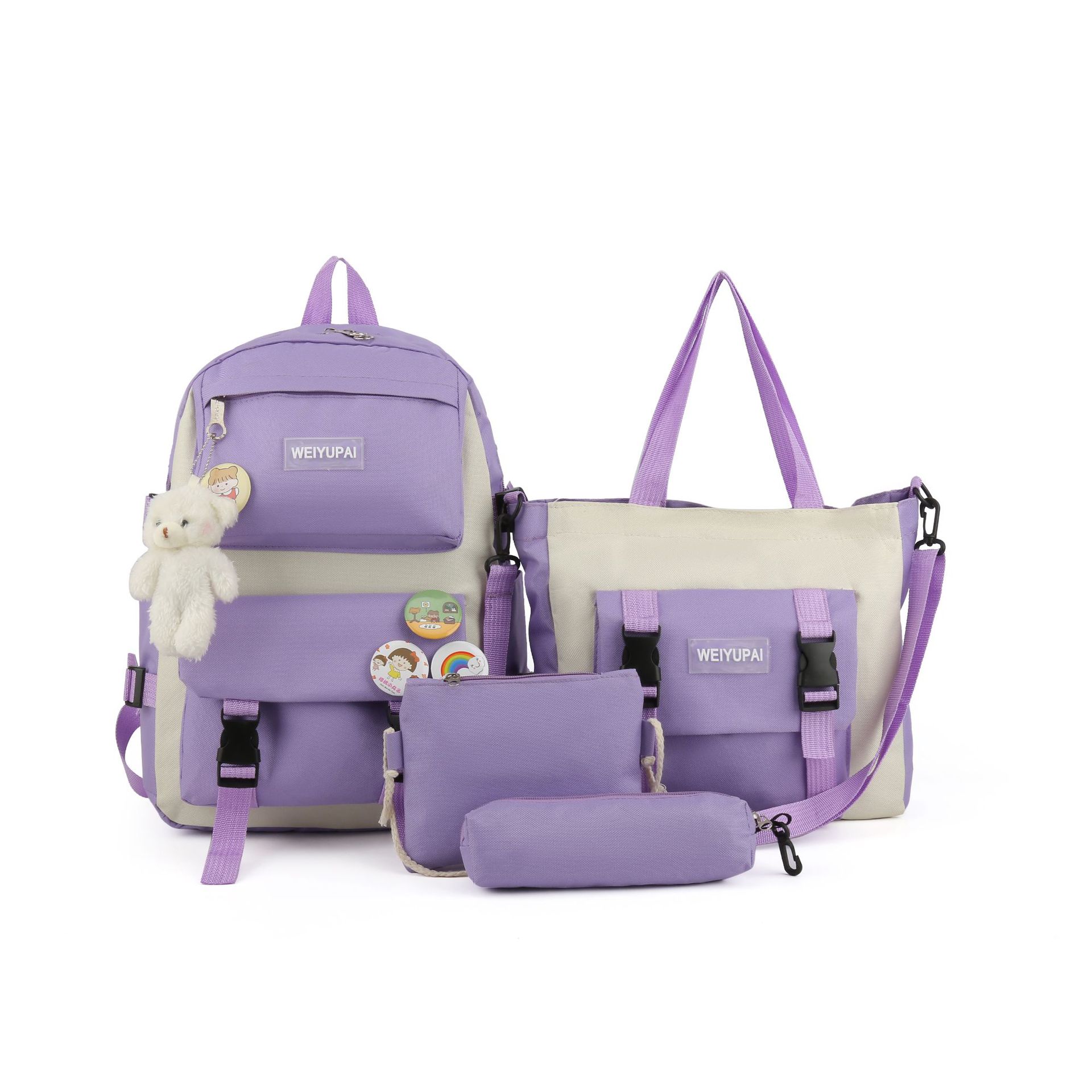 Mochila para estudiantes Weiyu Pie cuidadosamente seleccionada, mochila escolar para estudiantes de secundaria de lona de estilo coreano, conjunto de cuatro piezas de mochila para suegra de gran capacidad