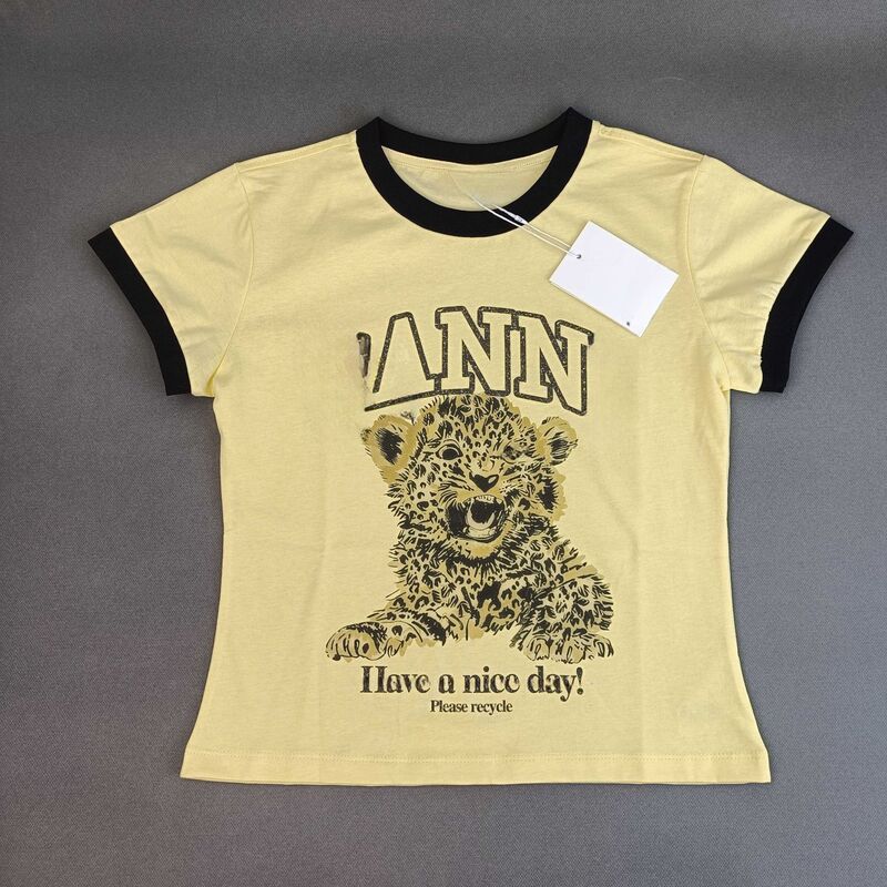 2025 Summer New Niche Designer Letters Tiger Print Round Neck Cotton Slim-fit Short-sleeved T-shirt for Women