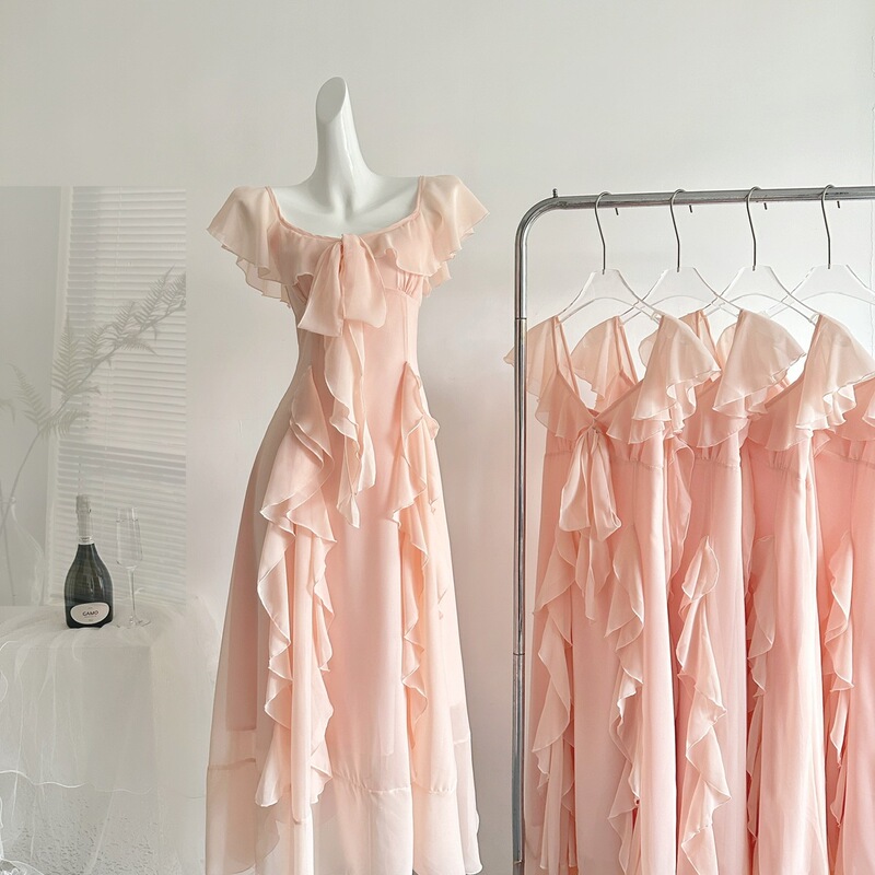 Temple Peach Mist Apricot Pink Waist-Cinching Slimming Fairy Dress with Irregular Ruffles, Atmospheric Long Dress Temple Peach Mist Apricot Pink Waist-Cinching Slimming Fairy Dress with Irregular Ruffles, Atmospheric Long Dress