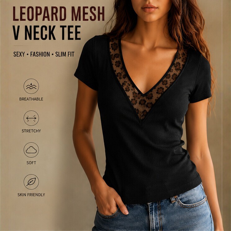 2026 European and American Style Leopard Print Patchwork V-Neck Slim Short-Sleeve T-Shirt for Women 2026 New Cross-Border Fashion Slimming Top 2026 European and American Style Leopard Print Patchwork V-Neck Slim Short-Sleeve T-Shirt for Women 2026 New Cross-Border Fashion Slimming Top