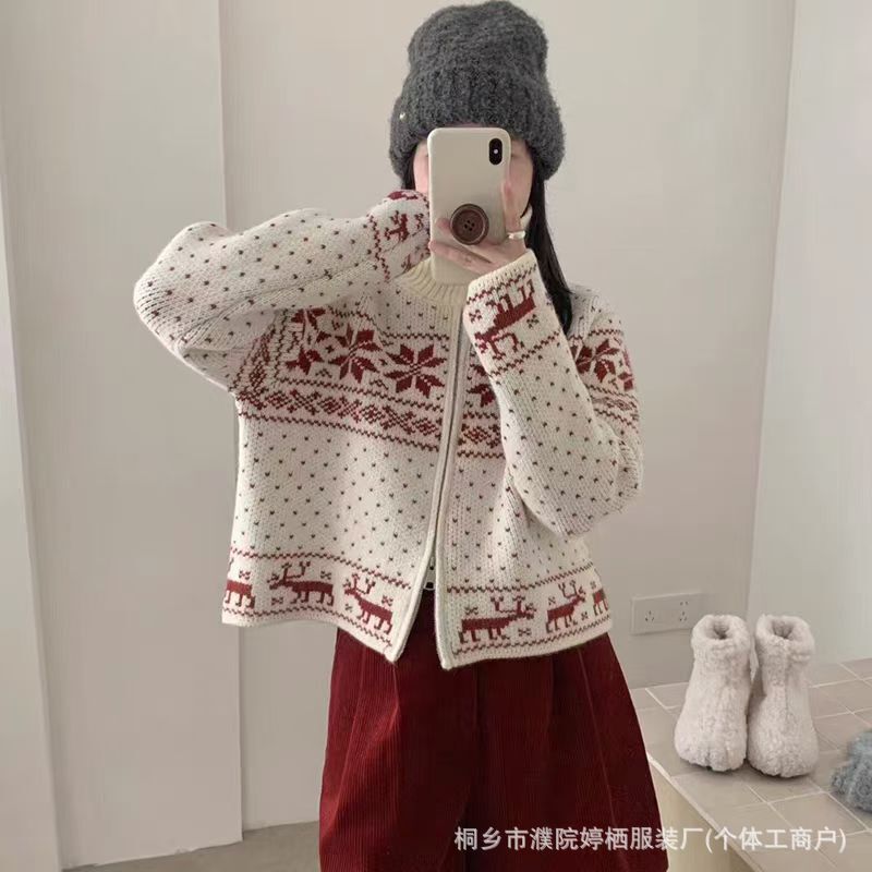 Japanese and Korean Retro Heavy Jacquard Snowflake Sweater Coat for Women, Thickened Autumn and Winter Loose Versatile Double Zipper Knit Cardigan