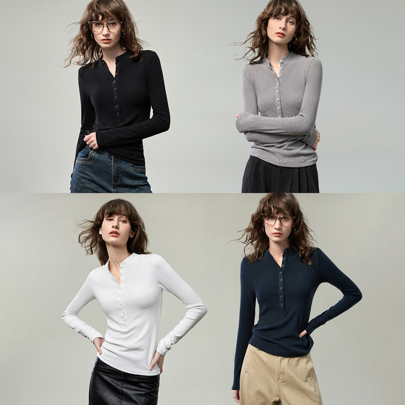 2026 Autumn New Henley Shirt Long Sleeve T-Shirt for Women with Button Front, Slim Fit Knitted Top 2026 Autumn New Henley Shirt Long Sleeve T-Shirt for Women with Button Front, Slim Fit Knitted Top