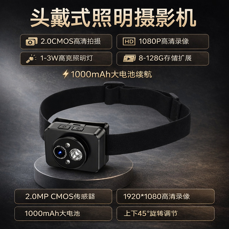 Cross-Border Outdoor Head-Mounted Lighting and Video Recording Device, High-Definition Recording Headlamp for Night Running and Cycling, Portable Wearable Model