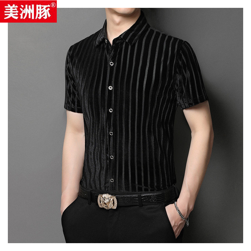 Vertical Stripesd Middle-Aged Men's Thin Seamless Short-Sleeved Shirt Summer Men's Lapel Daddy Gold Velvet Shirt