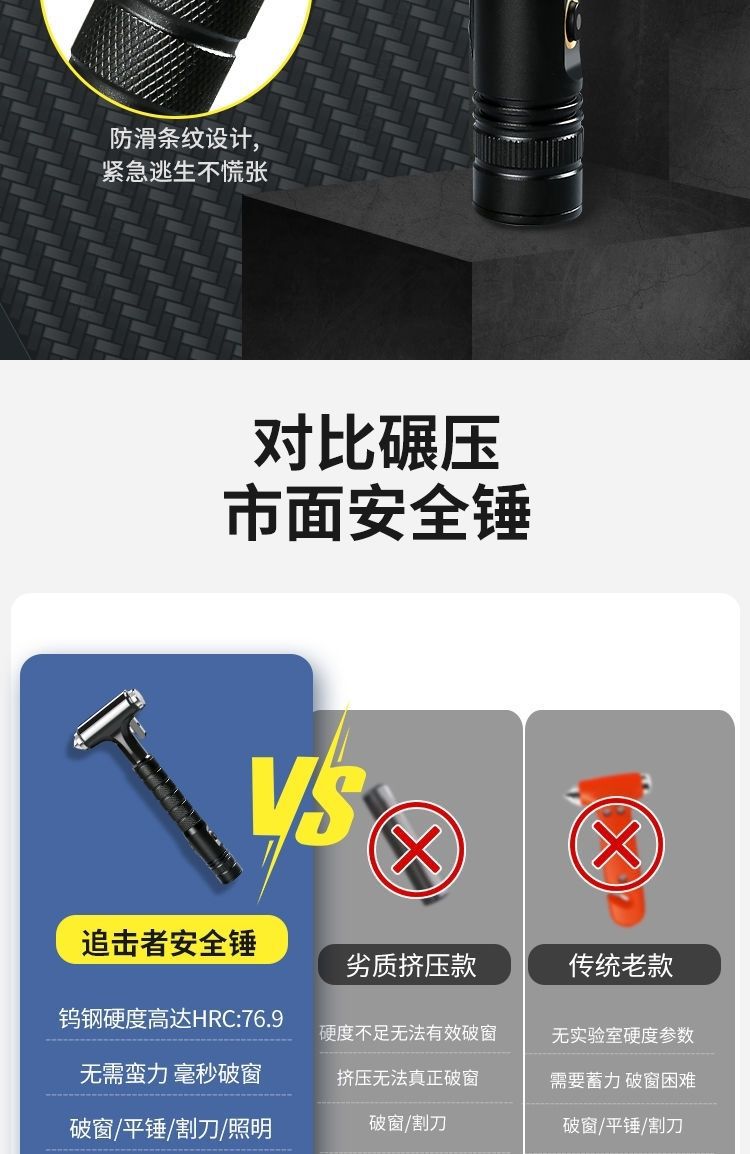 Car Safety Hammer, Multi-Functional Flashlight for Vehicles, Car-Mounted Self-Rescue Escape Hammer, Window-Breaking Fire Emergency Life-Saving Tool