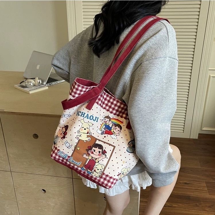 可爱卡通帆布包包女2025新款大容量单肩水桶包小众休闲百搭托特包|undefined
