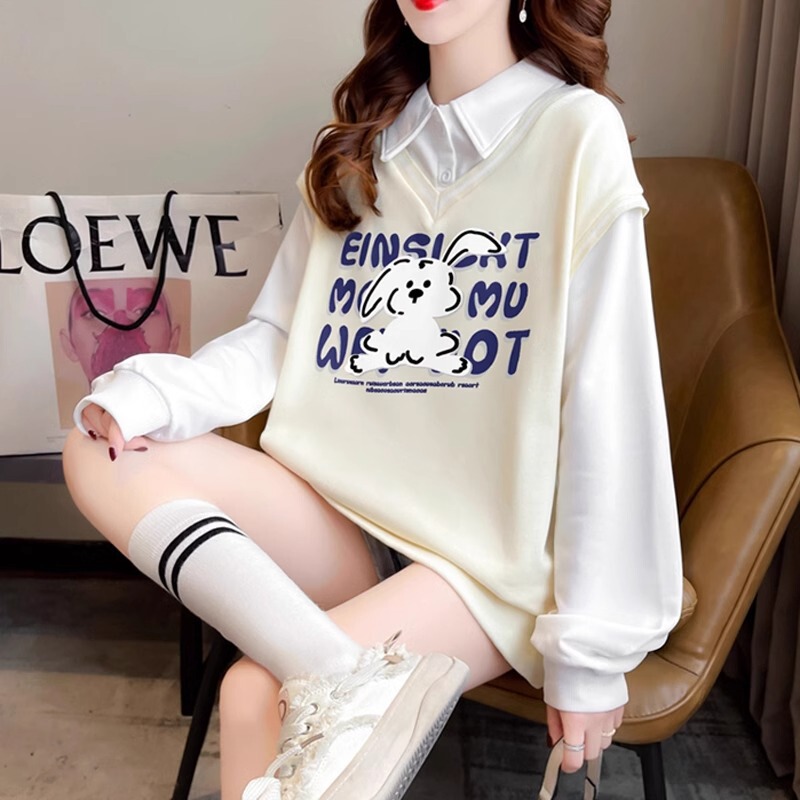 長袖Tシャツ 女の子用 2025年春夏新作 中学生・高校生 カレッジ風 フェイクツーピース 薄手ポロスウェットシャツ|undefined
