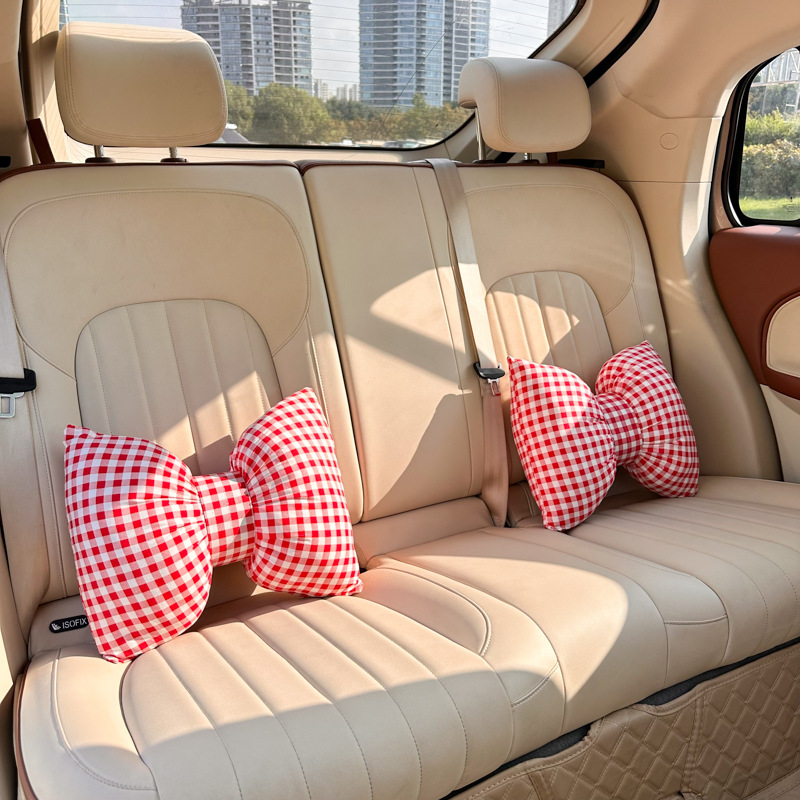 2026 New Car Accessories Cotton Butterfly-Shaped Small Checkered Red Headrest and Lumbar Support