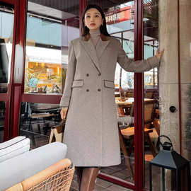 深圳南油高端女装YS家复古英伦风羊皮绒领拼接撞色羊毛呢大衣外套