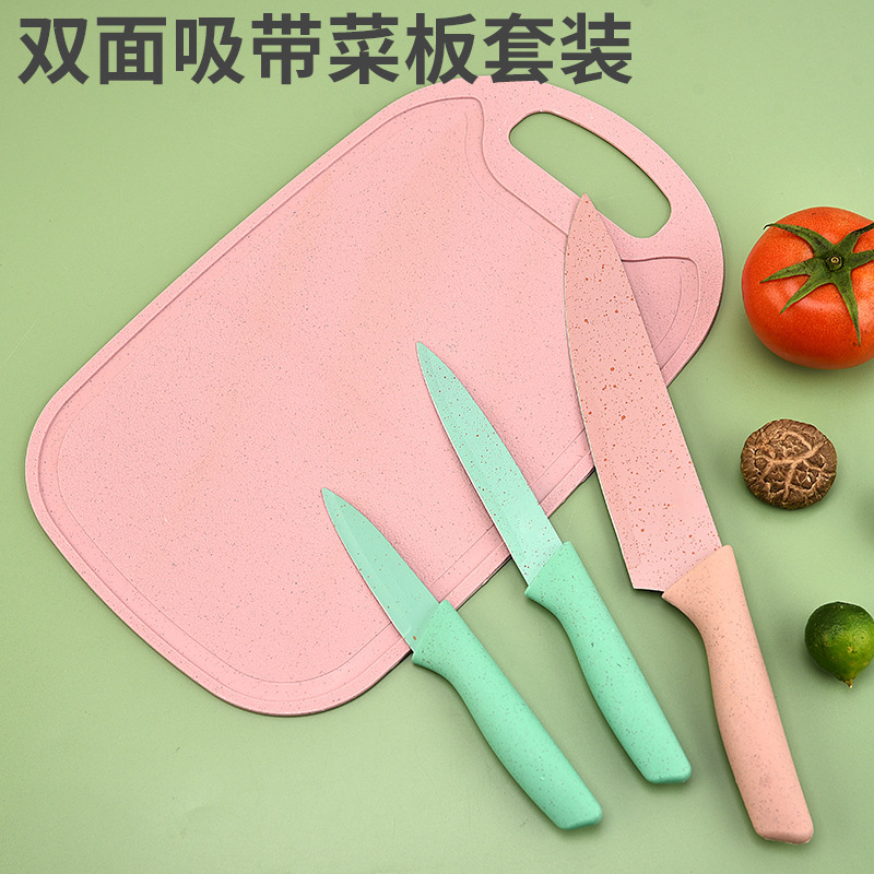 Paja de trigo pintada en pulverización de acero inoxidable doble cara succión con placa de cocina set cuchillo de cocina de piedra de arroz set cuchillo de cocina set de cuatro piezas