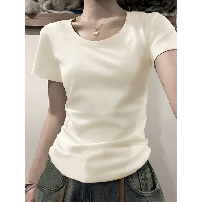 210 グラム 40 カウント 92 コットン 8 スパンデックス右肩半袖 T シャツ女性のための 2025 夏の新しいスリムで多用途なベーシックトップ|undefined