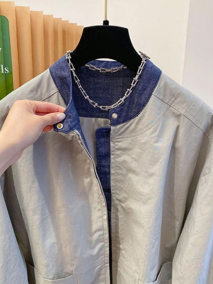Áo khoác ngắn denim phối màu dáng rộng cổ đứng dài tay nữ — màu xám chi tiết 7