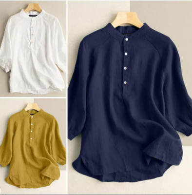 Export 2024 New Shirt 3/4 Sleeve T-Shirt Button Trendy Casual Loose Women's Shirt