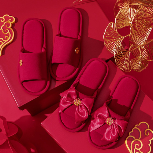 Wedding Slippers with a Luxurious Feel, New Couple's Style, Thick-Soled, for Groom and Bride, Bridal Gift, Festive Red, Pair - Summer, Lightweight Luxury