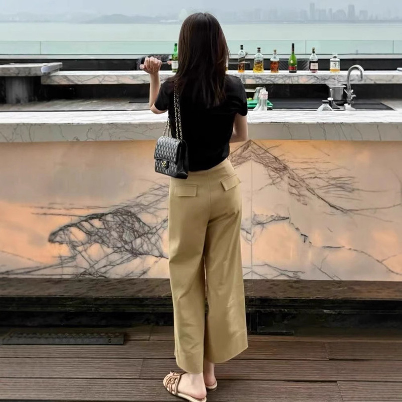khaki High Waist Straight Wide Leg Casual Pants Women's Summer 2025 New Loose Slimming Pear-Shaped Figure Cropped Pants