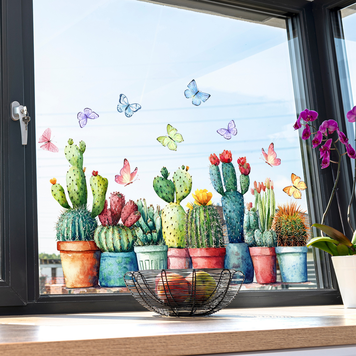 Watercolor Potted Cactus And Butterfly Static Window Wall Sticker_voghion.com