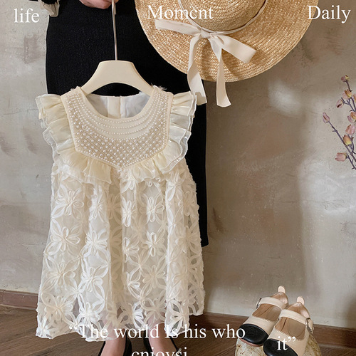 Girls Dress 2024 Summer New Girl's Tank Top Dress Little Girl's Style Princess Hollow Flower Skirt