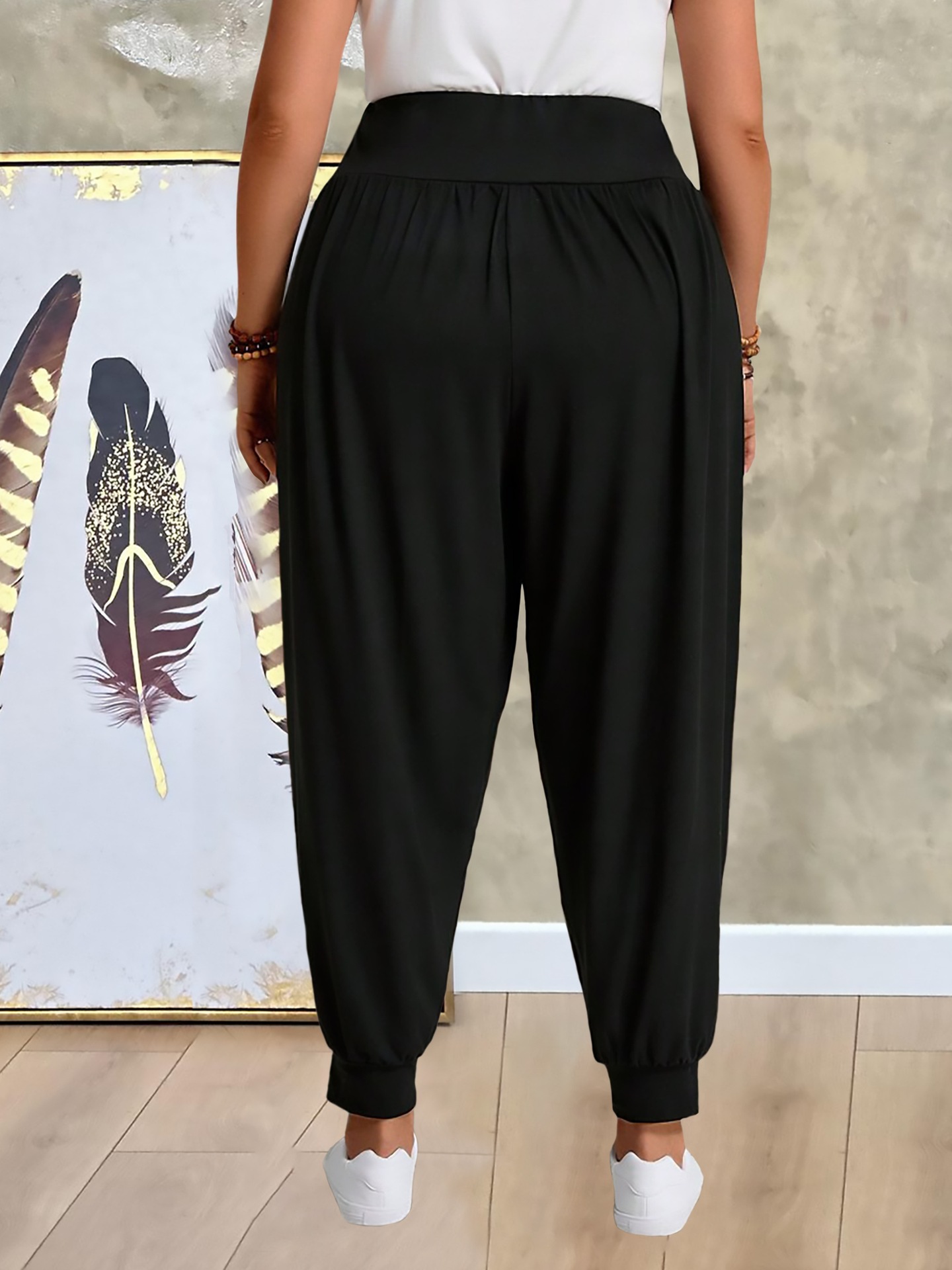 Women's Classic Black Harem Pants Elastic Waistband Side Pockets Soft Milk Silk Feel Comfortable Casual Wide Leg Trousers_ecoleips.com
