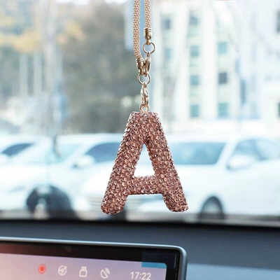 Cross-border letter clay car interior accessories pendant ladies rhinestone car rearview mirror pendant pendant (Car hanging) - a-champagne-color-letter-car-pendant