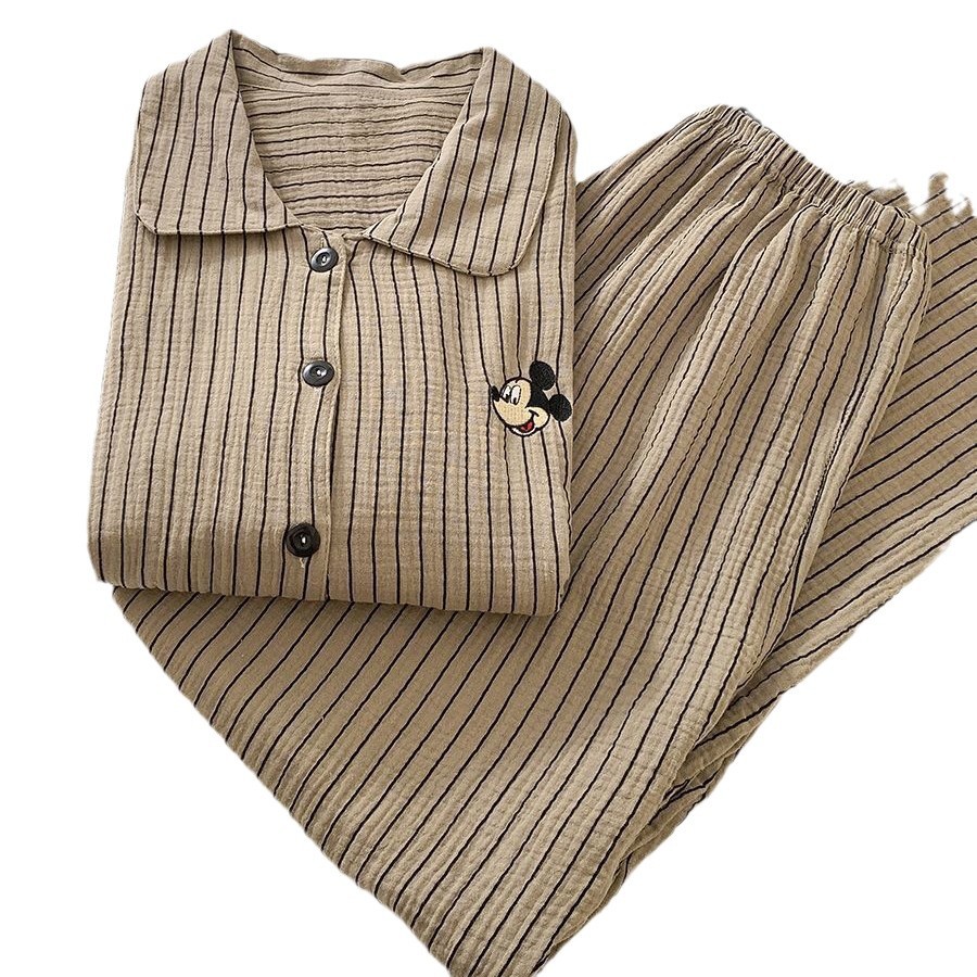 Pajamas de pareja de nube de algodón estriado simple primavera y otoño nuevo Mickey dibujos animados para hombres ropa de vestir al por mayor