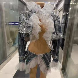 夜精灵演出服蹦迪DJ小晴天闪钻牛仔外套白纱裙两件套舞台演出服