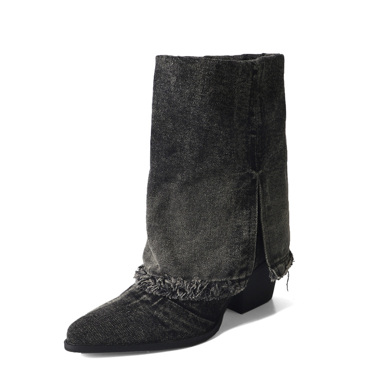 Boot nữ cổ thấp đế thô denim phong cách cao bồi Âu Mỹ — Màu xanh lam
