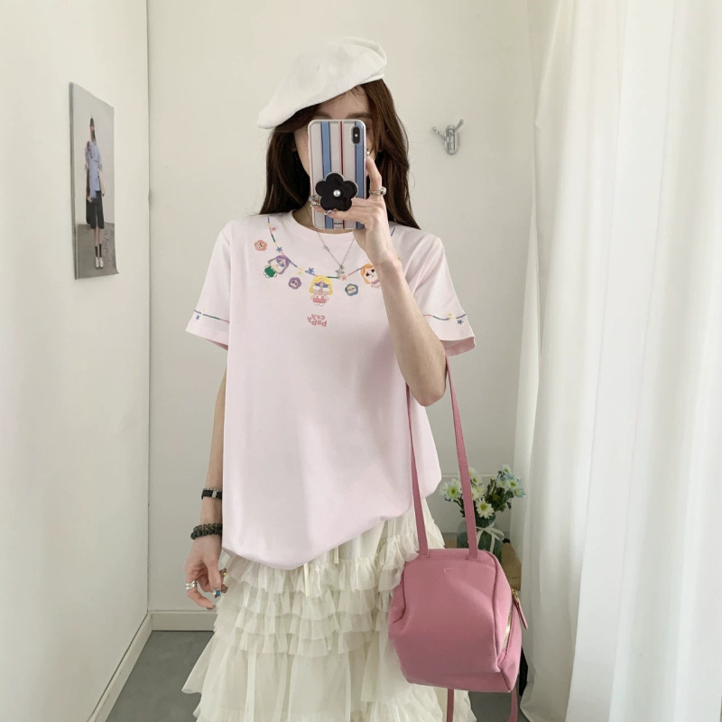 Directly from the Manufacturer: 27073 Paper Bag Style Double-Sided Cotton Top, New Summer Star Party Embroidered Short-Sleeve T-Shirt for Women Directly from the Manufacturer: 27073 Paper Bag Style Double-Sided Cotton Top, New Summer Star Party Embroidered Short-Sleeve T-Shirt for Women