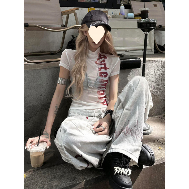 [Mesh] American Letter Printed Short-Sleeved T-Shirt for Women in Summer, Slim-Fitting Right Shoulder, Half Turtleneck, Sexy Slightly See-Through Top