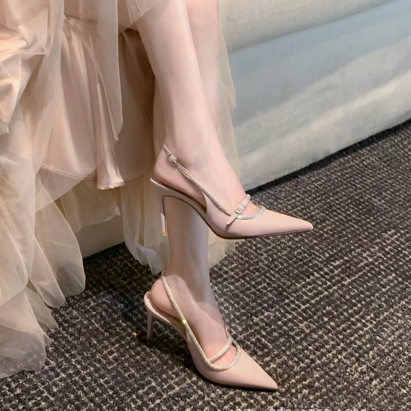Pointed-Toe Rhinestone High-Heeled Shoes for Women, New Summer Style, Closed-Toe Backless Sandals, Starry Sole, Sexy Stiletto Heels, Nude Pink High Heels