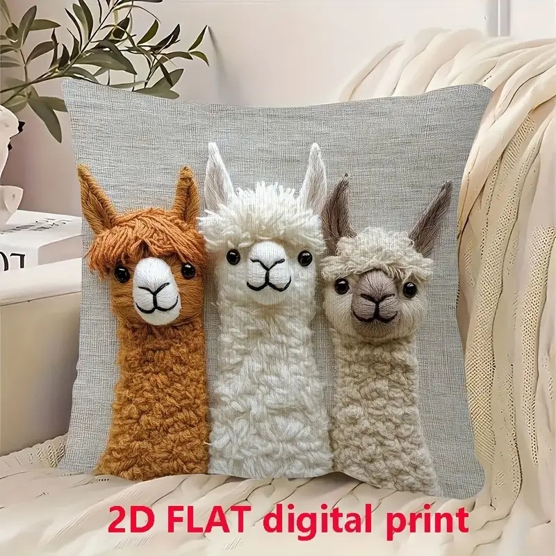 Cute Alpaca Pillow Cover 2D Flat Print Imitation Embroidery Pillow Cover Without Core Sofa Cushion Cover Home Decoration